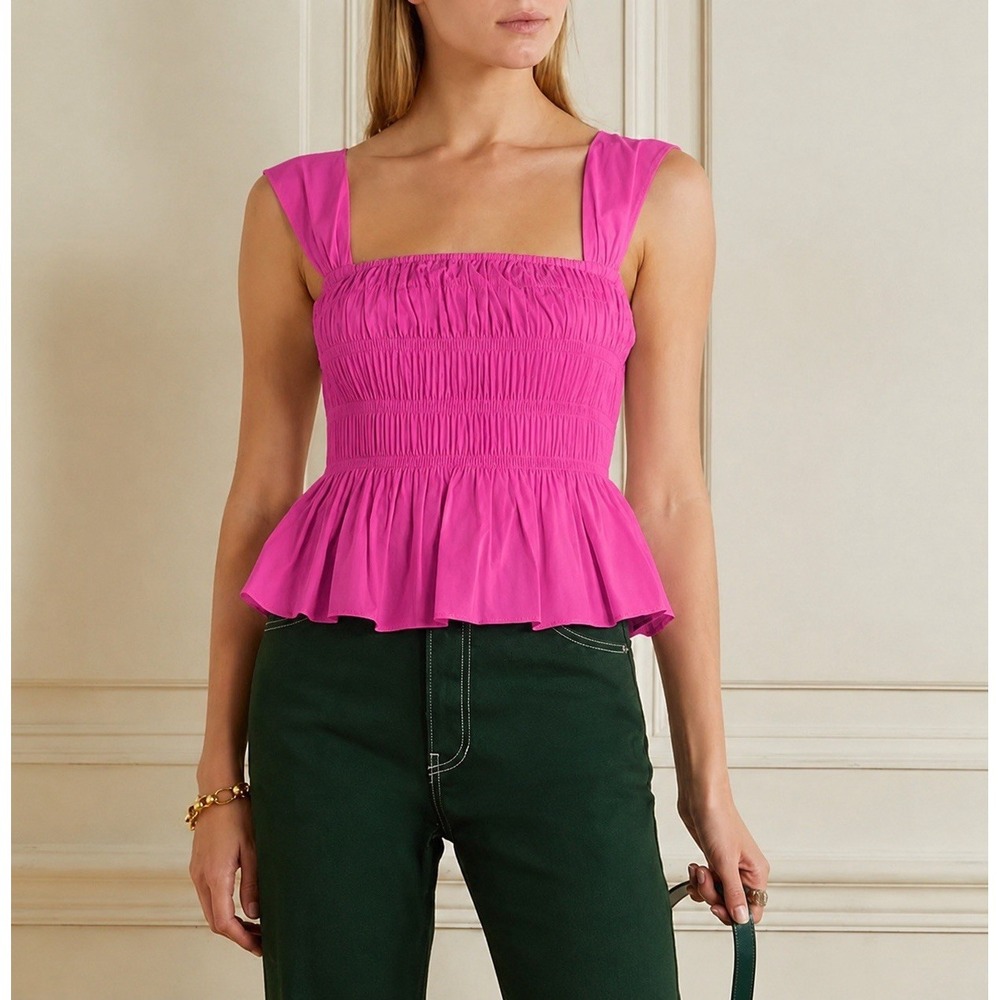 Staud Ida Peplum Shirred Smocked Cotton Poplin Top In Peony SZ L NWT